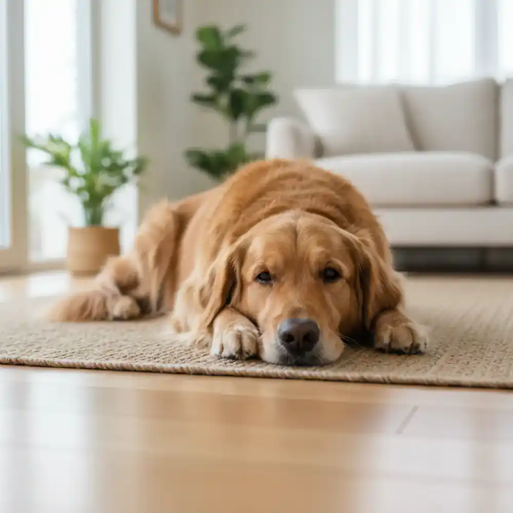 Dog resting calmly on a mat