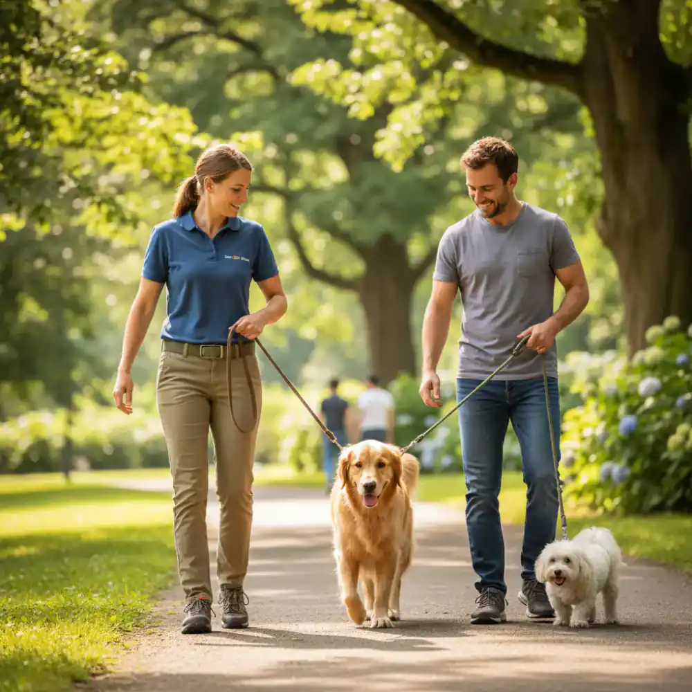 Trainer demonstrating leash skills to dog owner