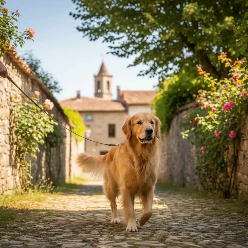 Dog walking calmly outside