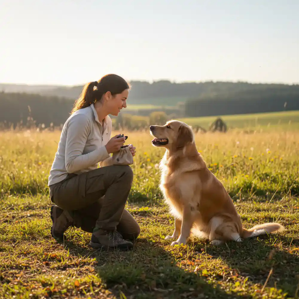 Dog trainer working outdoors with an attentive dog